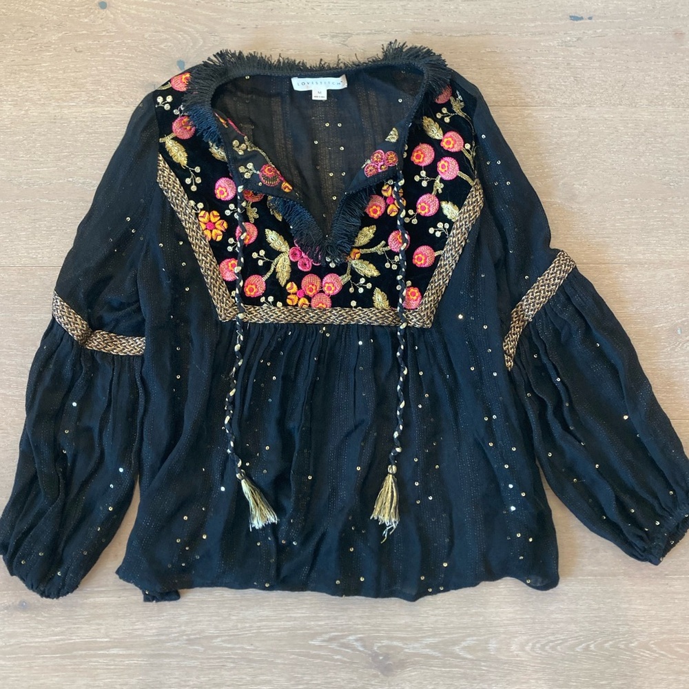 Love Stitch Black Sequin and Velvet floral stitch blouse - size Medium
